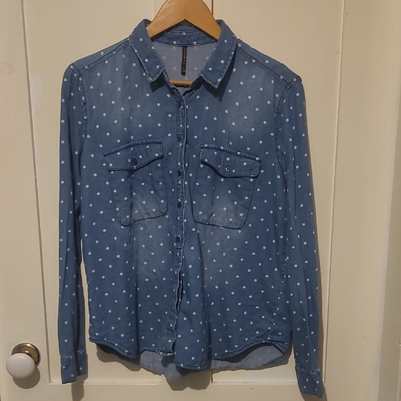 stradivarius Tops - Blue Polka Dot Button-Up Shirt Denim Style